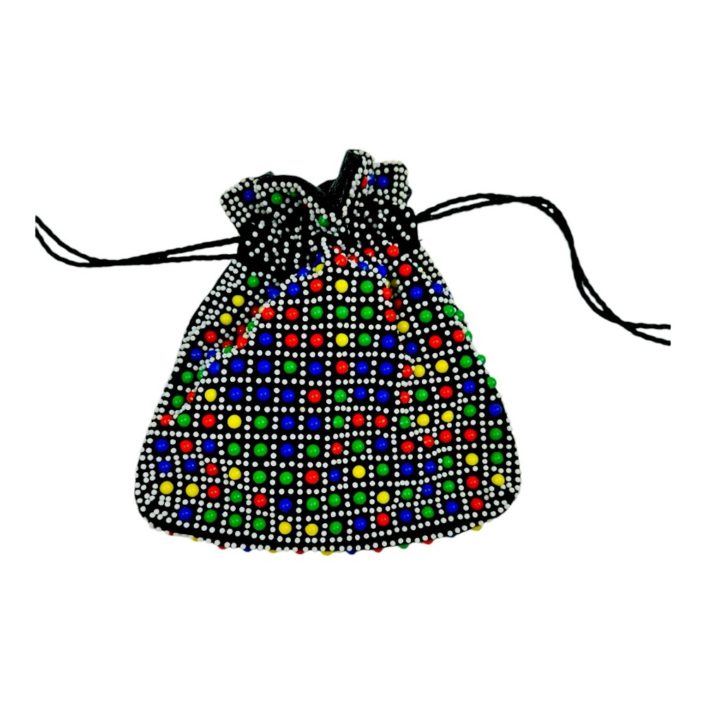 Vintage 1960's Colorful Plastic Pop Dot Fabric Black Pouch Purse Candy Buttons